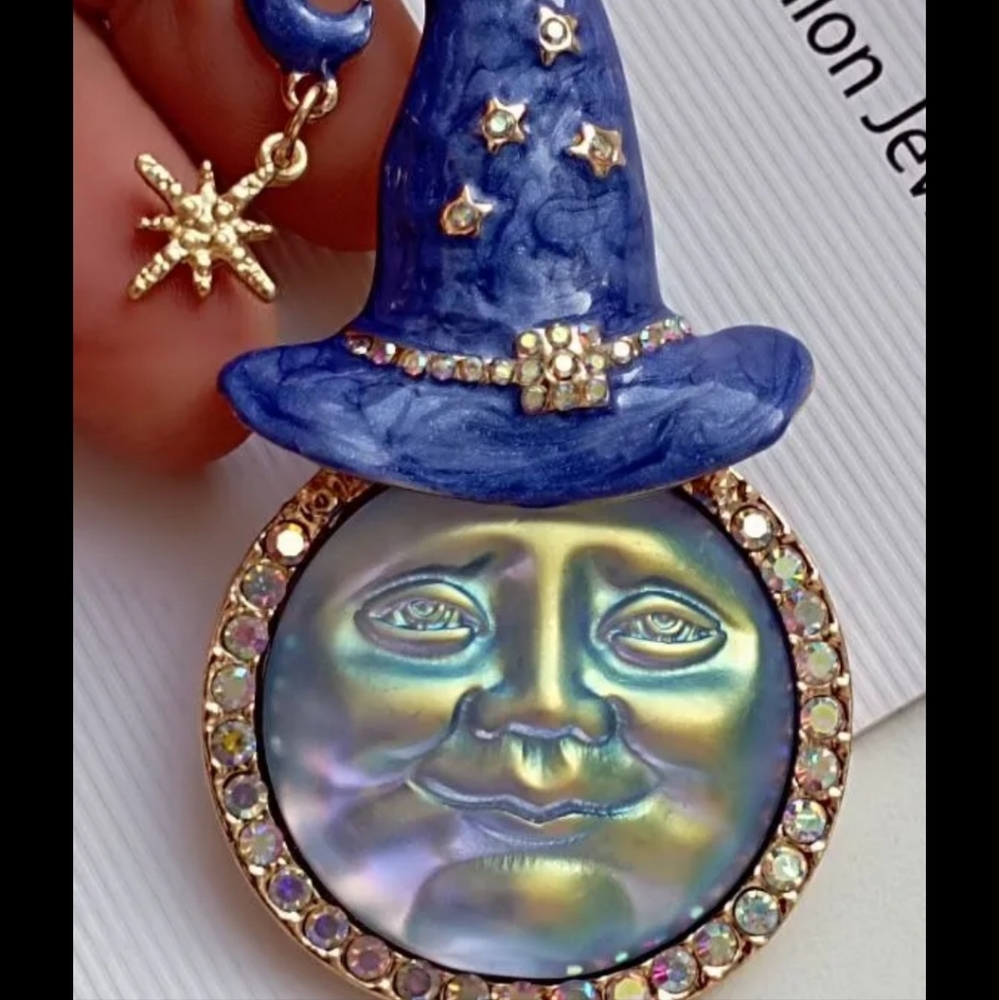 Moon Witch brooch pin enamel vintage style New 18k GP Swarovski crystals Ab - Picture 11 of 13